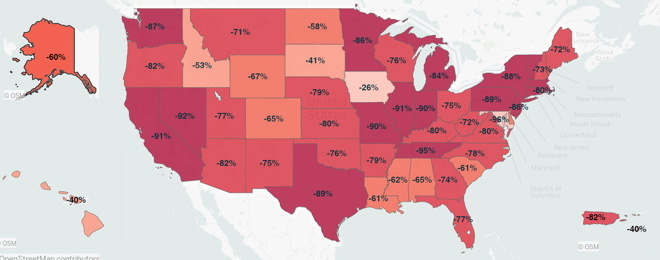 US map showing restaurant and hotel revenue impact