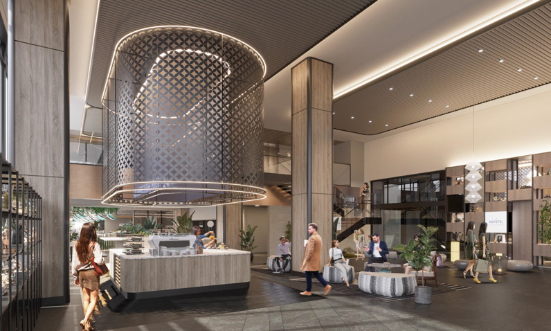 Rendering of the welcome area and social lounge at the Novotel Nara